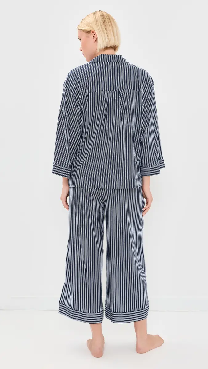 Petite Plume Olivia Wide Leg Pajama Set In Admiral Ticking Navy | Thumbnail 3 Petite Plume Olivia Wide Leg Pajama Set In Admiral Ticking Navy | Thumbnail 3