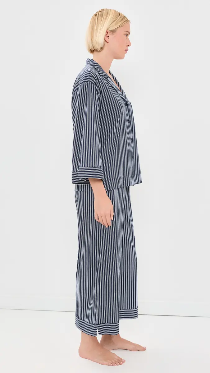Petite Plume Olivia Wide Leg Pajama Set In Admiral Ticking Navy | Thumbnail 4 Petite Plume Olivia Wide Leg Pajama Set In Admiral Ticking Navy | Thumbnail 4