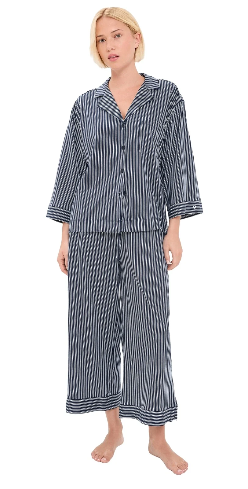 Petite Plume Olivia Wide Leg Pajama Set In Admiral Ticking Navy