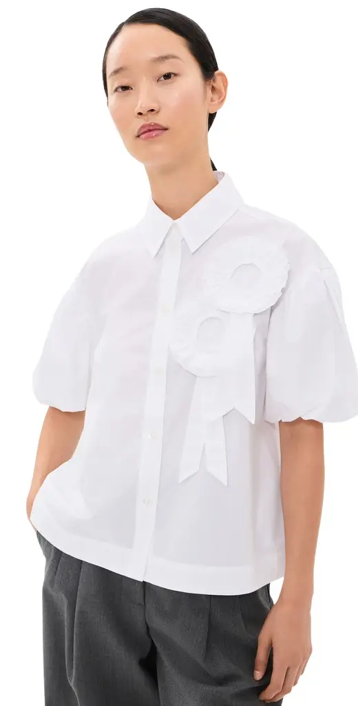 Cropped Ribbon Rosette Puff Sleeve Shirt Cropped Ribbon Rosette Puff Sleeve Shirt