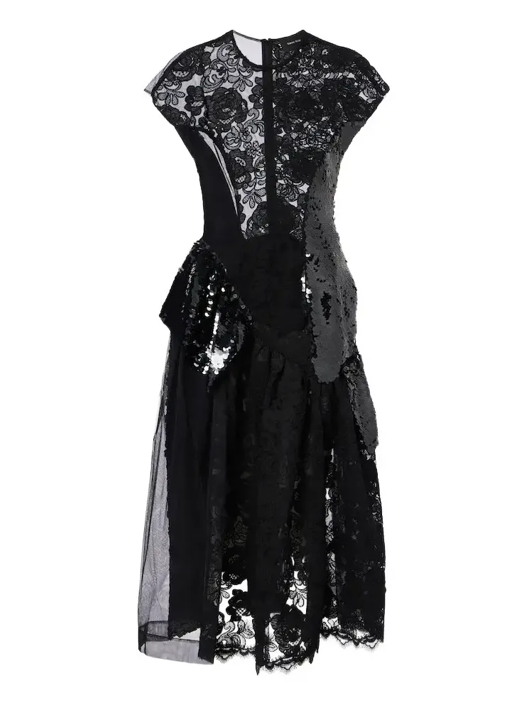 Paneled lace-trimmed sequined midi dress