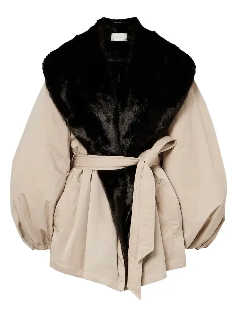 Shearling-trimmed wrap coat