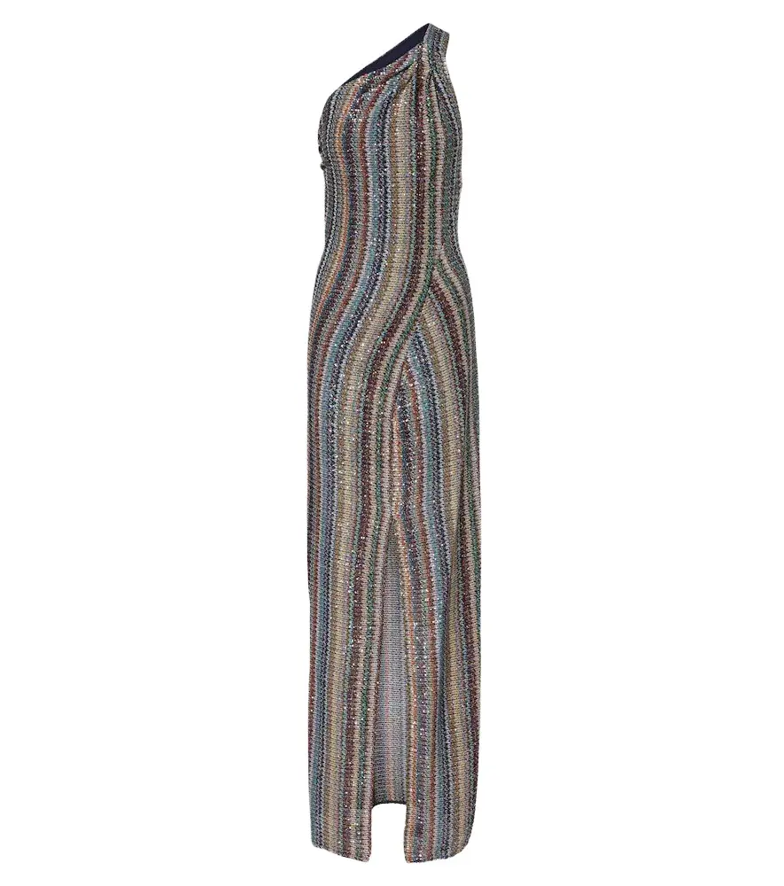 Zigzag sequined one-shoulder lamé gown