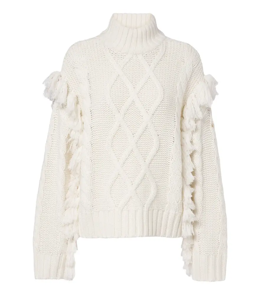 Brit cable-knit fringed wool sweater