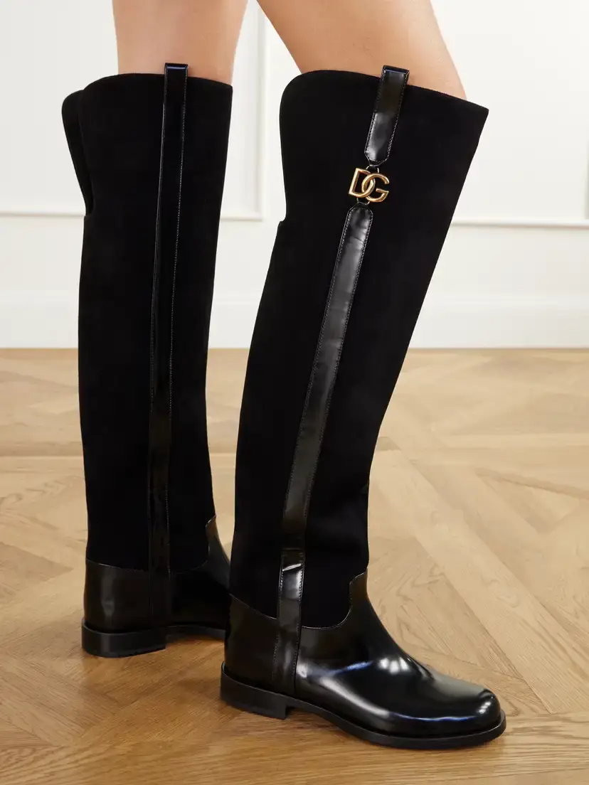 Dolce & Gabbana Cavallerizzo Logo-embellished Leather-trimmed Suede Over-the-knee Boots | Thumbnail 2 Dolce & Gabbana Cavallerizzo Logo-embellished Leather-trimmed Suede Over-the-knee Boots | Thumbnail 2
