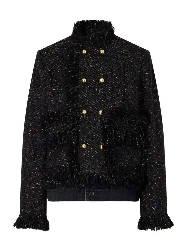 Sacai Wool-blend Tweed Bouclé And Denim Jacket - Black