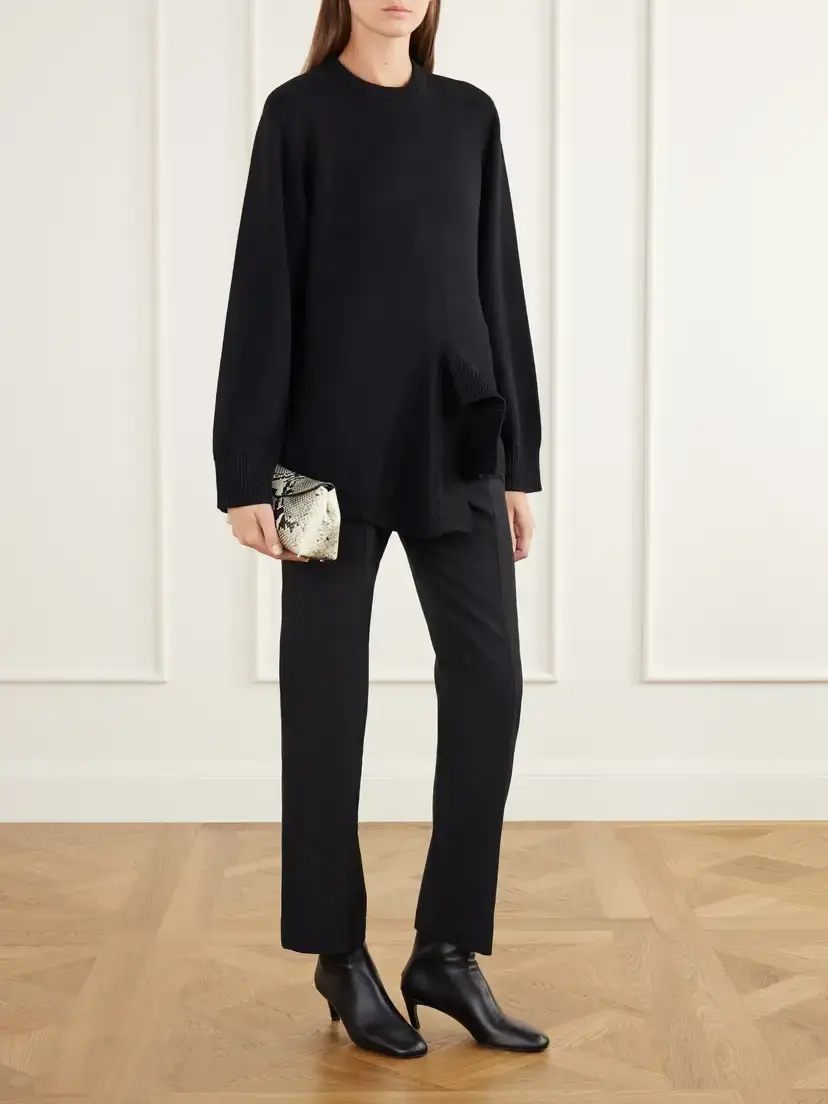 TOTEME Asymmetric Rib-trimmed Merino Wool, Cashmere And Cotton-blend Sweater - Black | Thumbnail 2 TOTEME Asymmetric Rib-trimmed Merino Wool, Cashmere And Cotton-blend Sweater - Black | Thumbnail 2