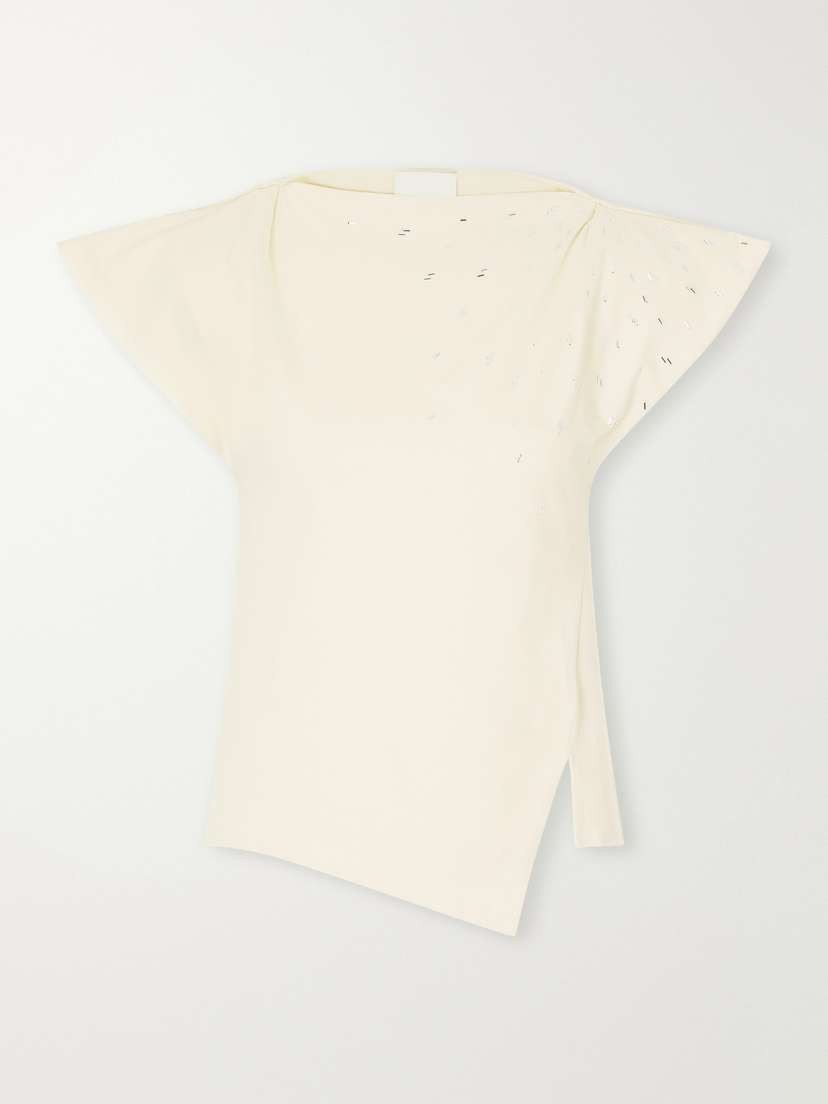 Isabel Marant Sebani Asymmetric Gathered Bead-embellished Cotton-jersey T-shirt