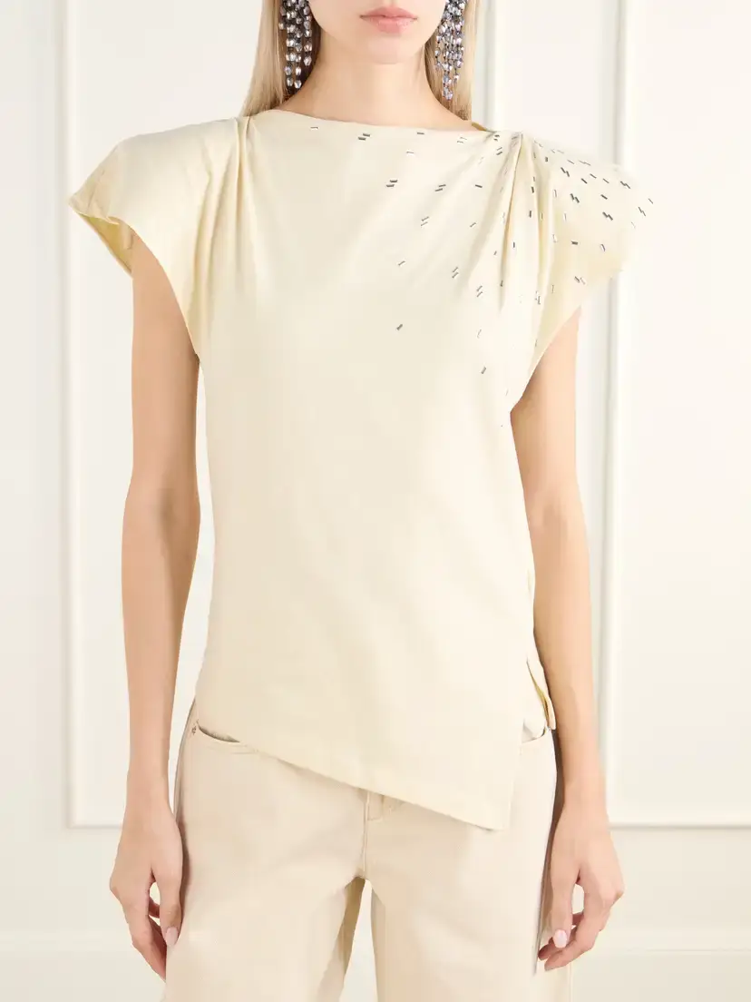 Isabel Marant Sebani Asymmetric Gathered Bead-embellished Cotton-jersey T-shirt | Thumbnail 3