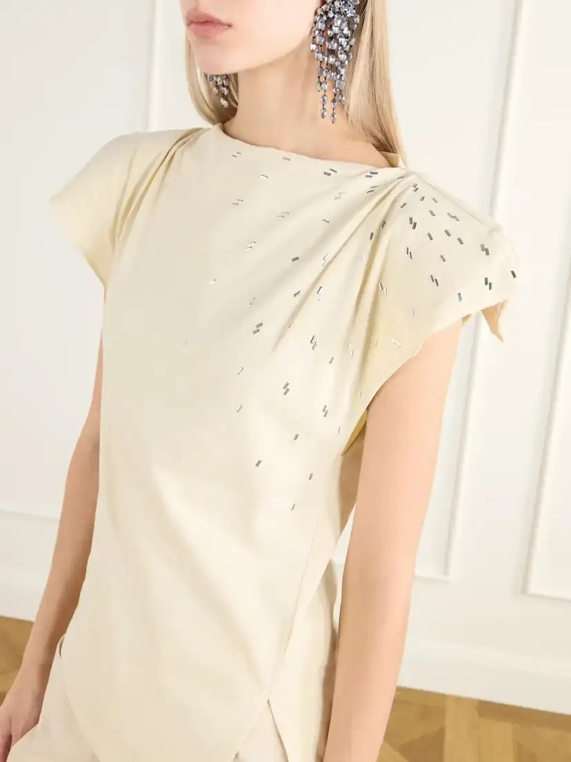 Isabel Marant Sebani Asymmetric Gathered Bead-embellished Cotton-jersey T-shirt | Thumbnail 5