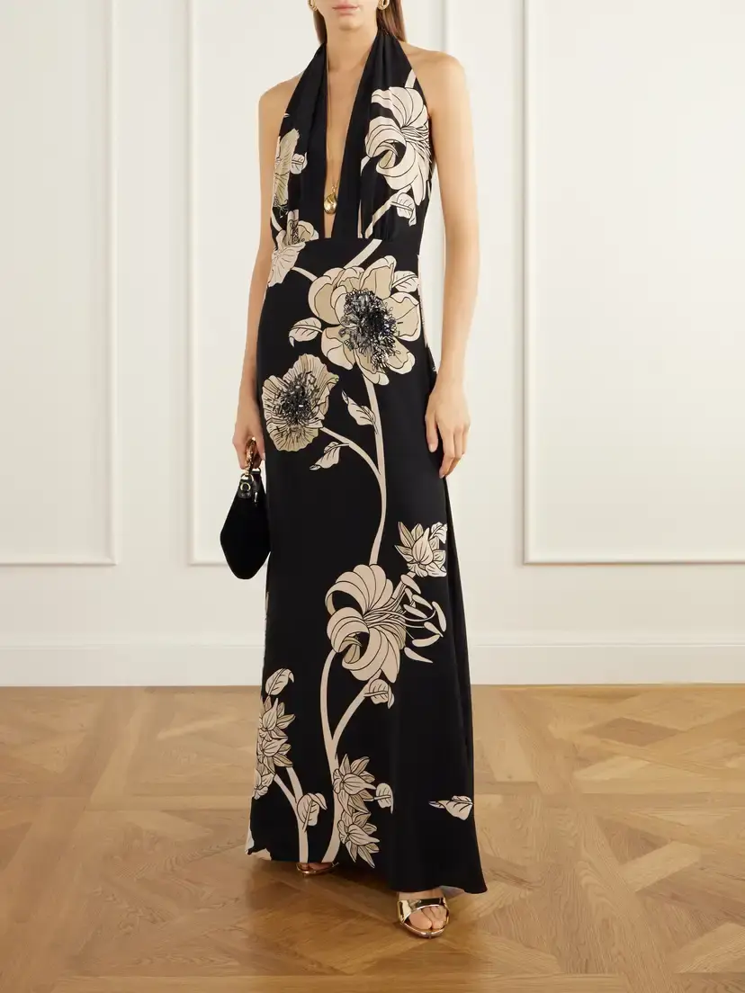 Johanna Ortiz Embellished Floral-print Silk-charmeuse Halterneck Maxi Dress | Thumbnail 2 Johanna Ortiz Embellished Floral-print Silk-charmeuse Halterneck Maxi Dress | Thumbnail 2