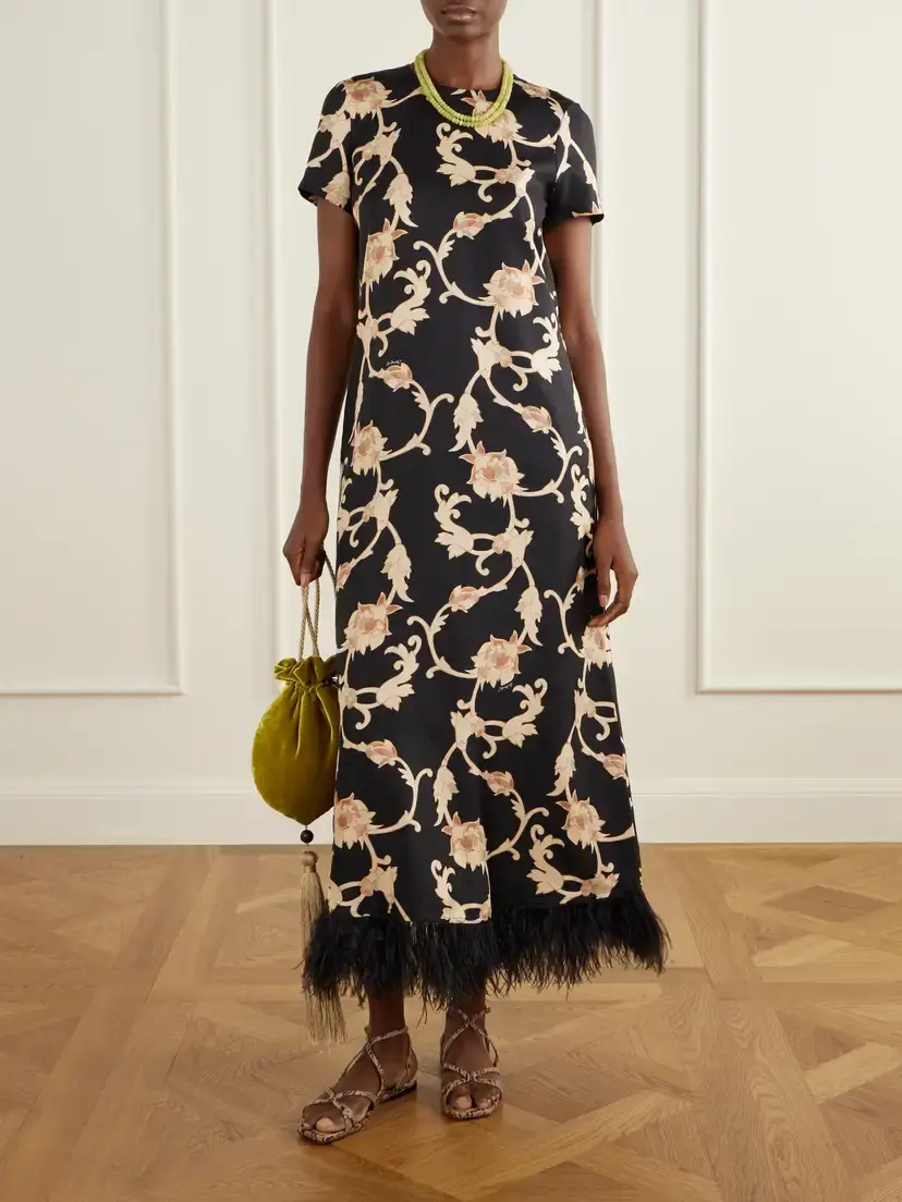La DoubleJ Swing Floral-print Feather-trimmed Silk-satin Maxi Dress | Thumbnail 2 La DoubleJ Swing Floral-print Feather-trimmed Silk-satin Maxi Dress | Thumbnail 2