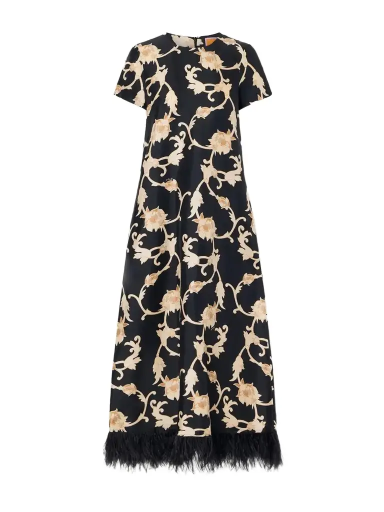 La DoubleJ Swing Floral-print Feather-trimmed Silk-satin Maxi Dress