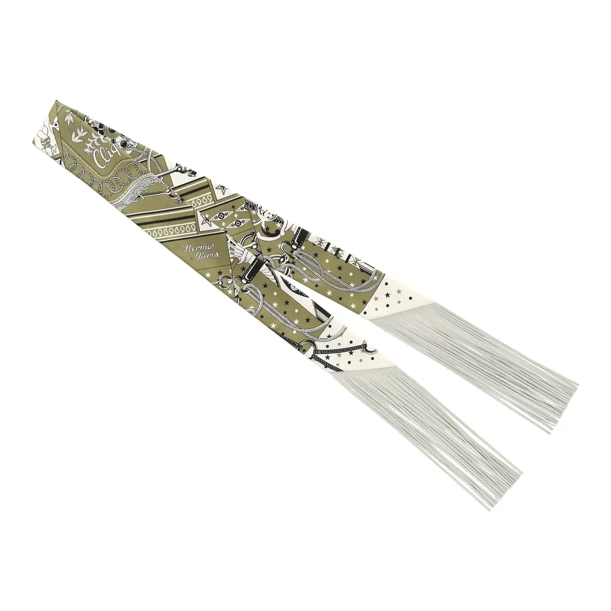 HERMÈS Hermes "Bandana" Kaki, Blanc, Black Fringe Silk | Thumbnail 2 HERMÈS Hermes "Bandana" Kaki, Blanc, Black Fringe Silk | Thumbnail 2