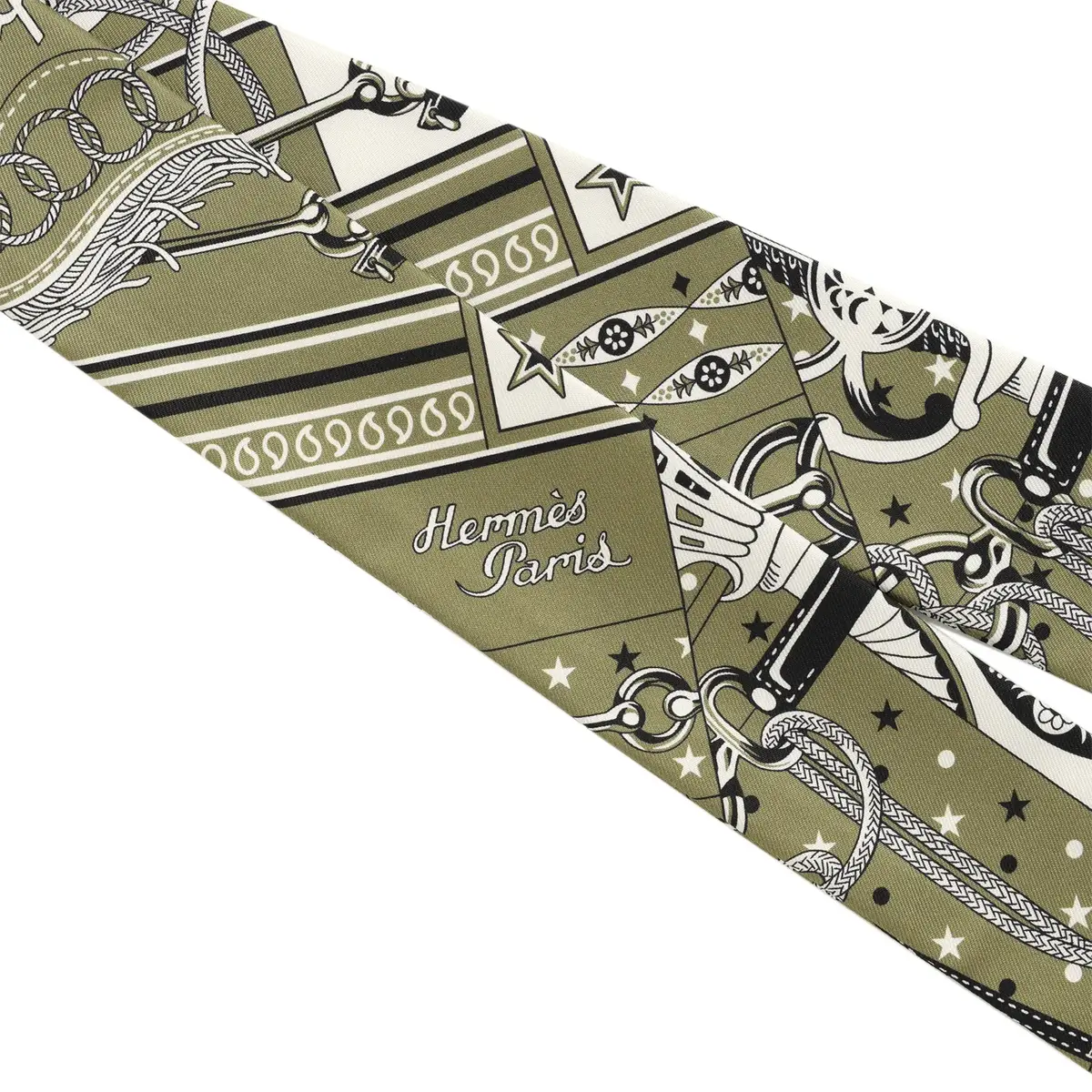 HERMÈS Hermes "Bandana" Kaki, Blanc, Black Fringe Silk | Thumbnail 3 HERMÈS Hermes "Bandana" Kaki, Blanc, Black Fringe Silk | Thumbnail 3