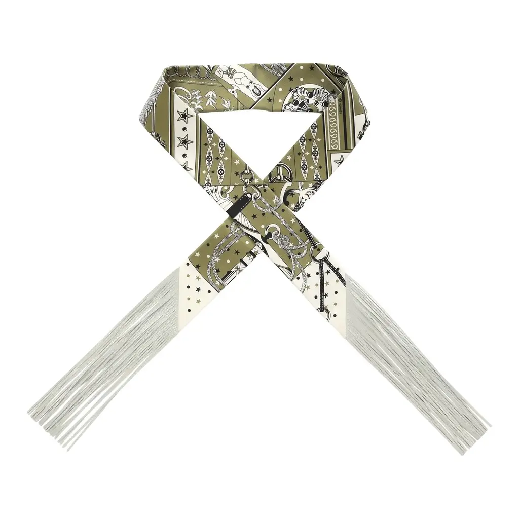 HERMÈS Hermes "Bandana" Kaki, Blanc, Black Fringe Silk