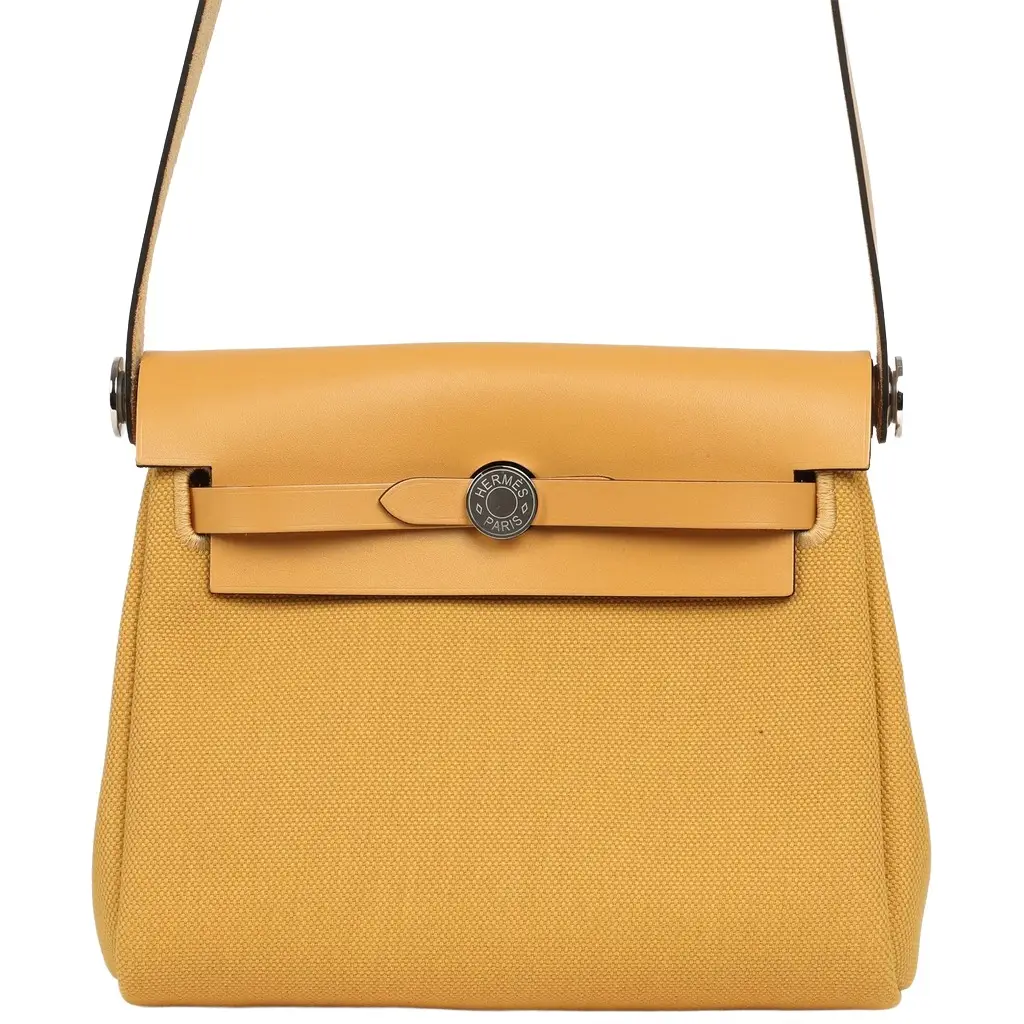 Hermes Herbag Zip 20 Mini Paille Toile Militaire Canvas, Vache Hunter Palladium Hardware