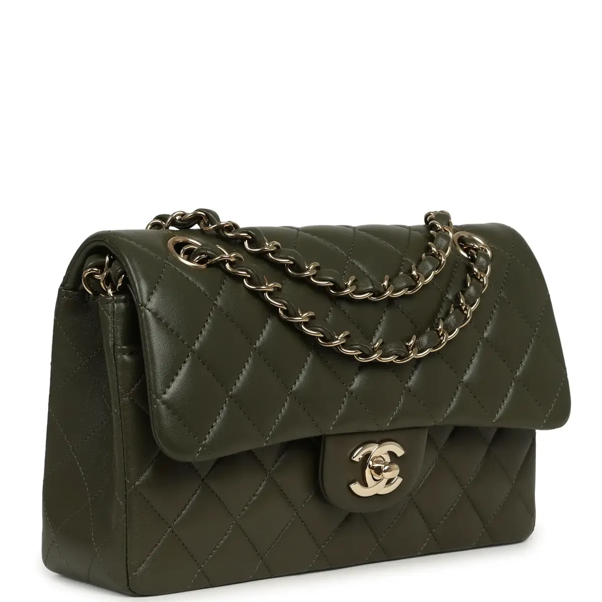 Chanel Pre-owned Chanel Small Classic Double Flap Bag Olive Green Lambskin Light Gold Hardware | Thumbnail 2