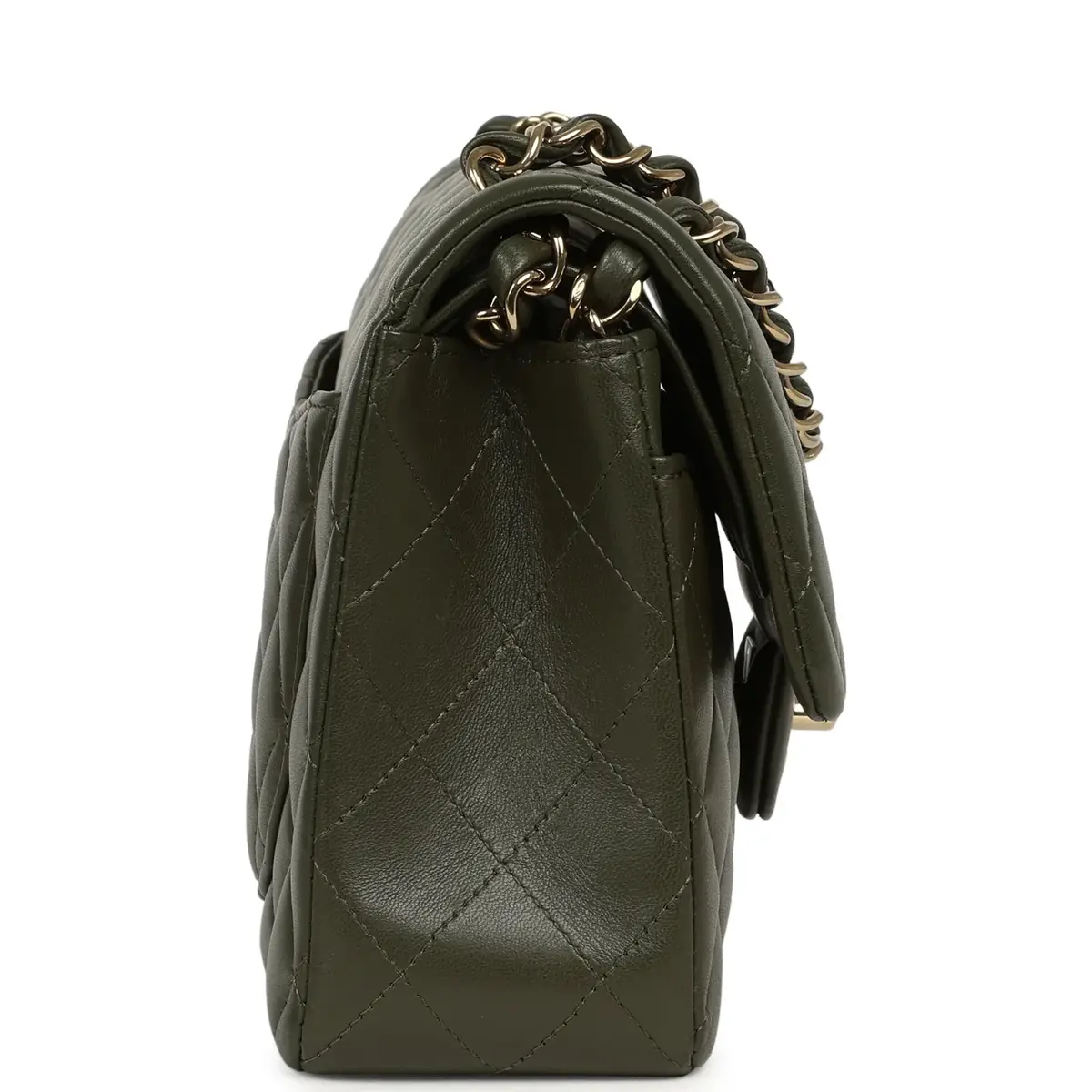 Chanel Pre-owned Chanel Small Classic Double Flap Bag Olive Green Lambskin Light Gold Hardware | Thumbnail 3