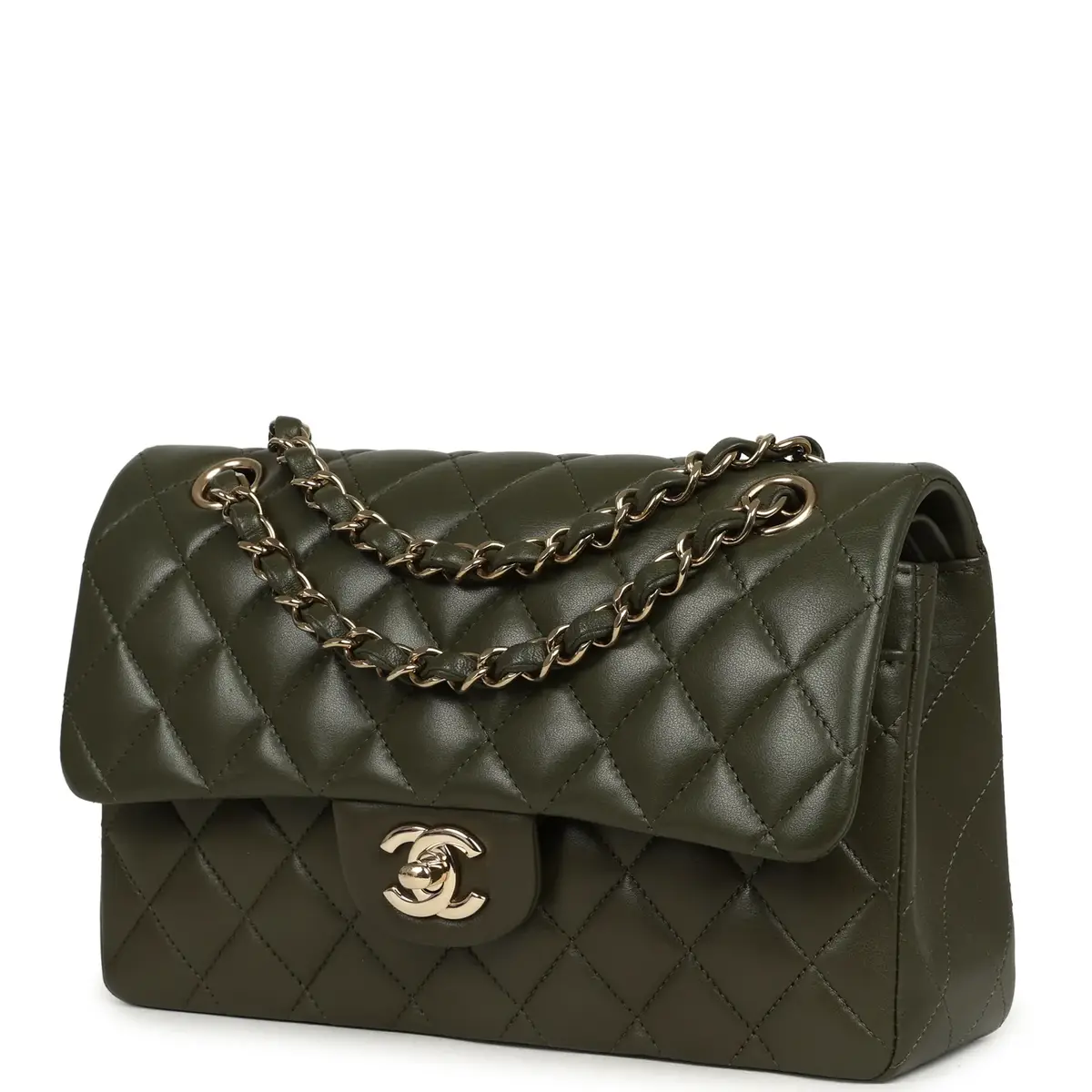 Chanel Pre-owned Chanel Small Classic Double Flap Bag Olive Green Lambskin Light Gold Hardware | Thumbnail 5
