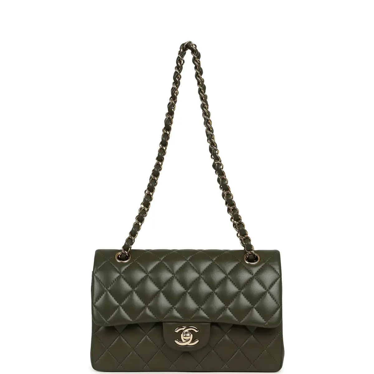 Chanel Pre-owned Chanel Small Classic Double Flap Bag Olive Green Lambskin Light Gold Hardware | Thumbnail 7
