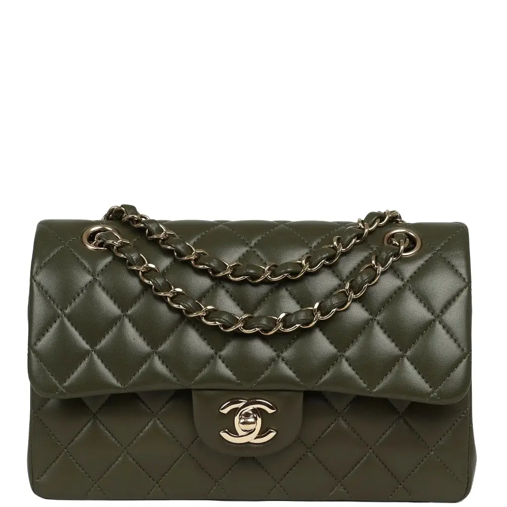 Chanel Pre-owned Chanel Small Classic Double Flap Bag Olive Green Lambskin Light Gold Hardware