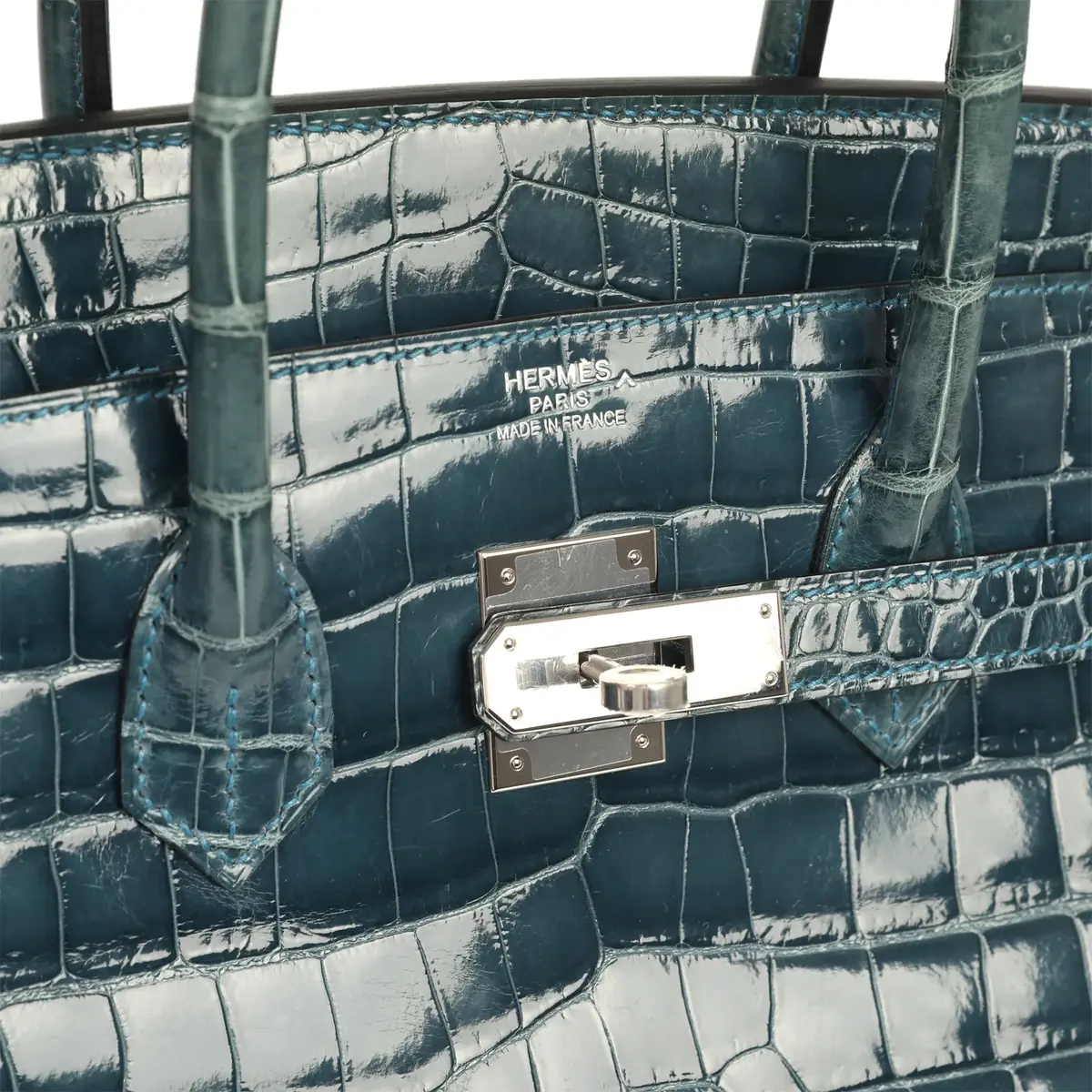 HERMÈS Pre-owned Hermes Birkin 35 Bleu Tempete Shiny Porosus Crocodile Palladium Hardware | Thumbnail 7 HERMÈS Pre-owned Hermes Birkin 35 Bleu Tempete Shiny Porosus Crocodile Palladium Hardware | Thumbnail 7