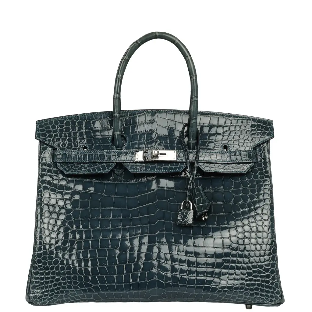 Pre-owned Hermes Birkin 35 Bleu Tempete Shiny Porosus Crocodile Palladium Hardware Pre-owned Hermes Birkin 35 Bleu Tempete Shiny Porosus Crocodile Palladium Hardware