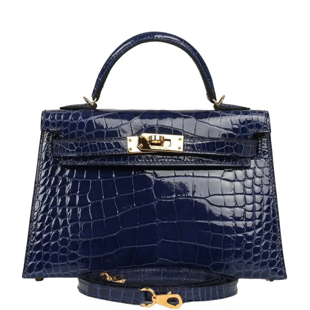 Pre-owned Hermes Kelly Sellier 20 Bleu Saphir Shiny Alligator Gold Hardware Pre-owned Hermes Kelly Sellier 20 Bleu Saphir Shiny Alligator Gold Hardware