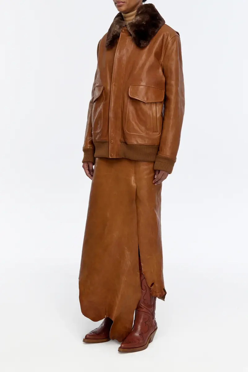 Gabriela Hearst Grant Bomber Jacket in Cognac Vachetta Leather with Recycled Beaver Fur Collar | Thumbnail 11 Gabriela Hearst Grant Bomber Jacket in Cognac Vachetta Leather with Recycled Beaver Fur Collar | Thumbnail 11