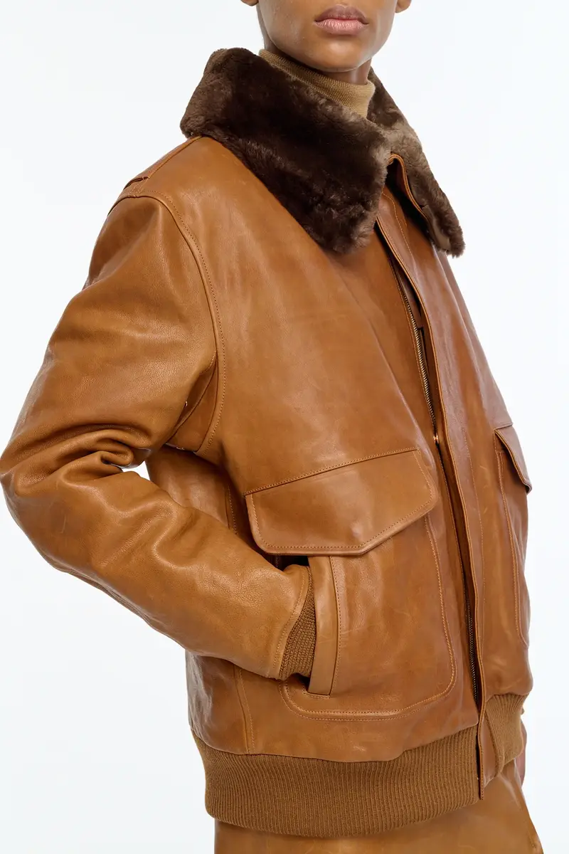 Gabriela Hearst Grant Bomber Jacket in Cognac Vachetta Leather with Recycled Beaver Fur Collar | Thumbnail 13 Gabriela Hearst Grant Bomber Jacket in Cognac Vachetta Leather with Recycled Beaver Fur Collar | Thumbnail 13