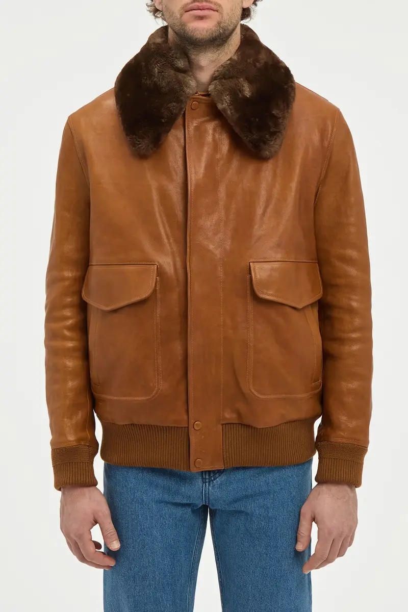 Gabriela Hearst Grant Bomber Jacket in Cognac Vachetta Leather with Recycled Beaver Fur Collar | Thumbnail 4 Gabriela Hearst Grant Bomber Jacket in Cognac Vachetta Leather with Recycled Beaver Fur Collar | Thumbnail 4