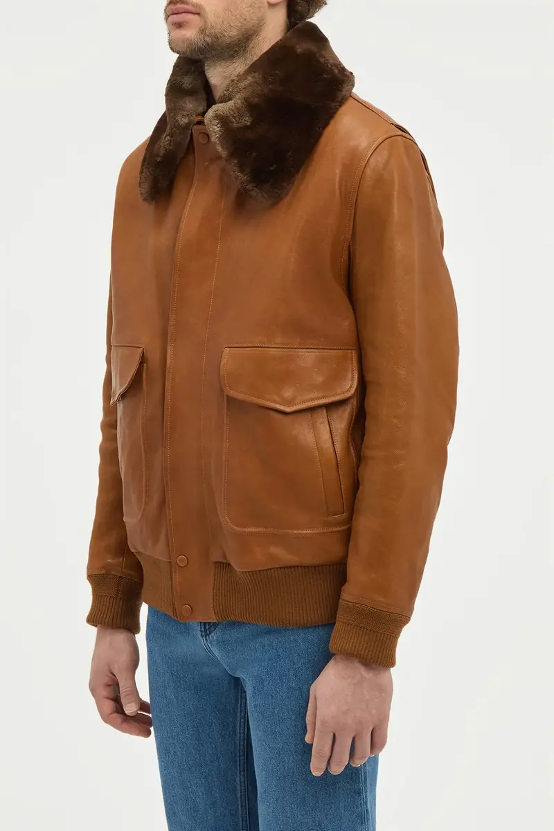 Gabriela Hearst Grant Bomber Jacket in Cognac Vachetta Leather with Recycled Beaver Fur Collar | Thumbnail 5 Gabriela Hearst Grant Bomber Jacket in Cognac Vachetta Leather with Recycled Beaver Fur Collar | Thumbnail 5