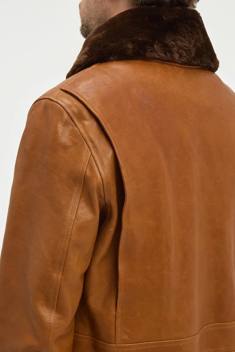 Gabriela Hearst Grant Bomber Jacket in Cognac Vachetta Leather with Recycled Beaver Fur Collar | Thumbnail 8 Gabriela Hearst Grant Bomber Jacket in Cognac Vachetta Leather with Recycled Beaver Fur Collar | Thumbnail 8