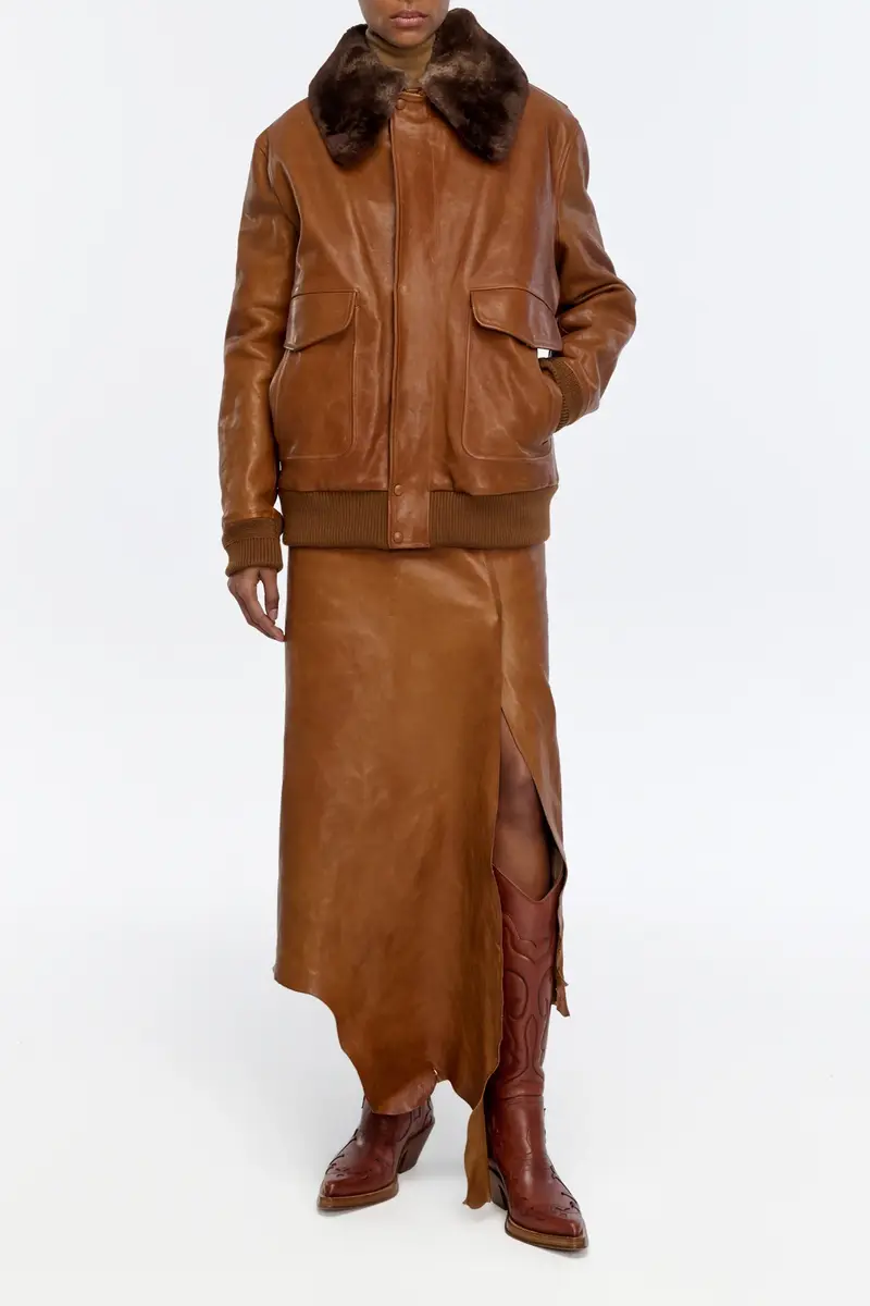 Gabriela Hearst Grant Bomber Jacket in Cognac Vachetta Leather with Recycled Beaver Fur Collar | Thumbnail 10 Gabriela Hearst Grant Bomber Jacket in Cognac Vachetta Leather with Recycled Beaver Fur Collar | Thumbnail 10
