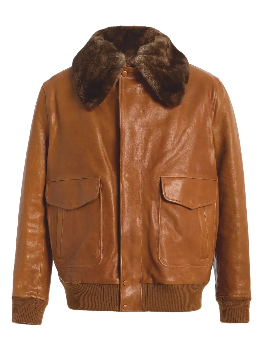 Gabriela Hearst Grant Bomber Jacket in Cognac Vachetta Leather with Recycled Beaver Fur Collar