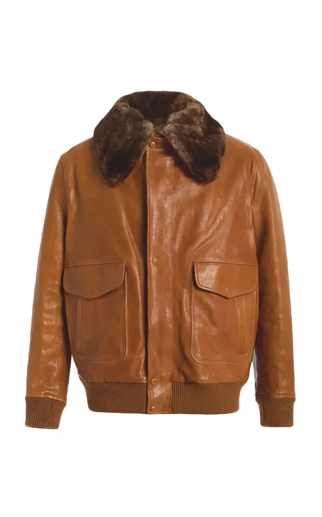 Gabriela Hearst Grant Bomber Jacket in Cognac Vachetta Leather with Recycled Beaver Fur Collar
