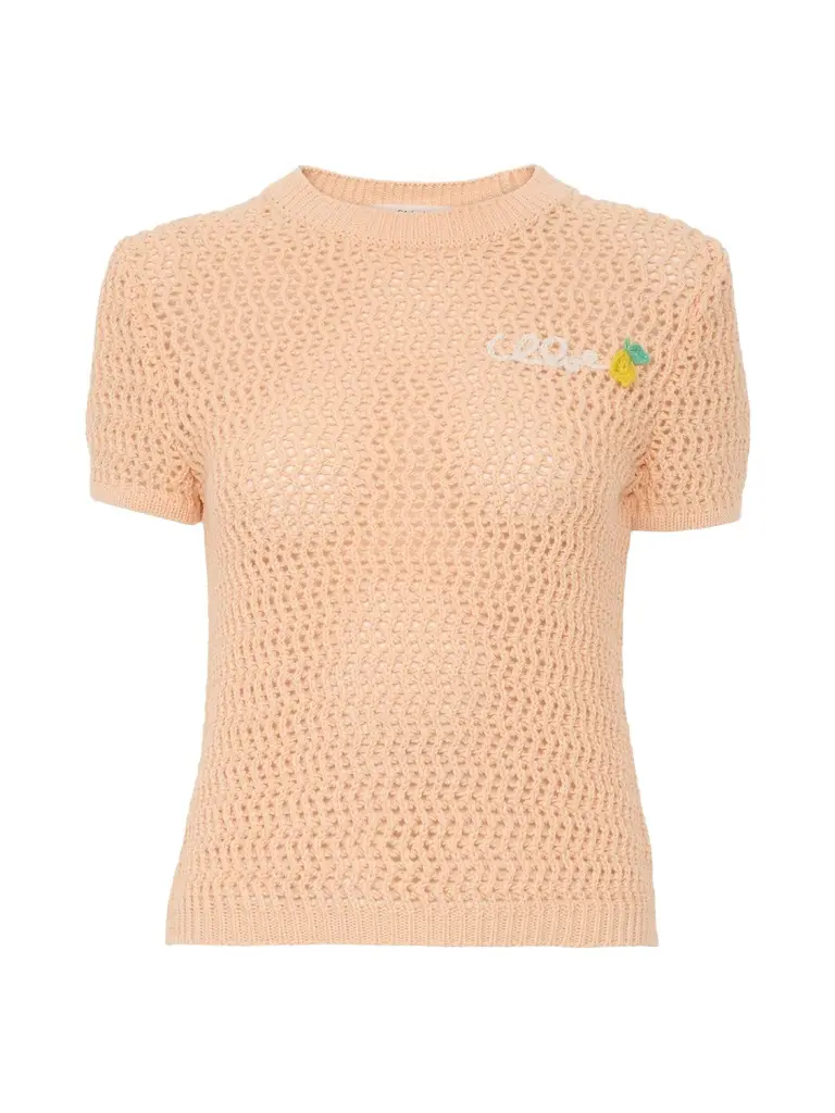 Crochet Knit Short-Sleeve Logo Sweater Crochet Knit Short-Sleeve Logo Sweater