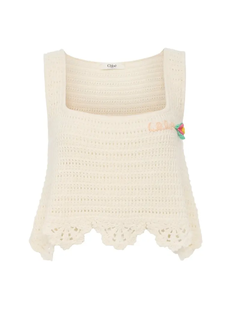 Chloé Crochet Knit Sleeveless Logo Crop Top