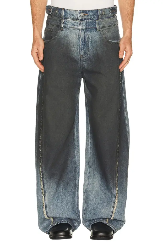 Double Waist Gradient Indigo Denim Trousers Double Waist Gradient Indigo Denim Trousers