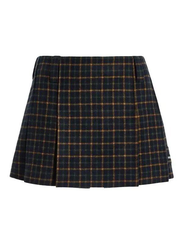 Pleated Checked Wool Mini Skirt