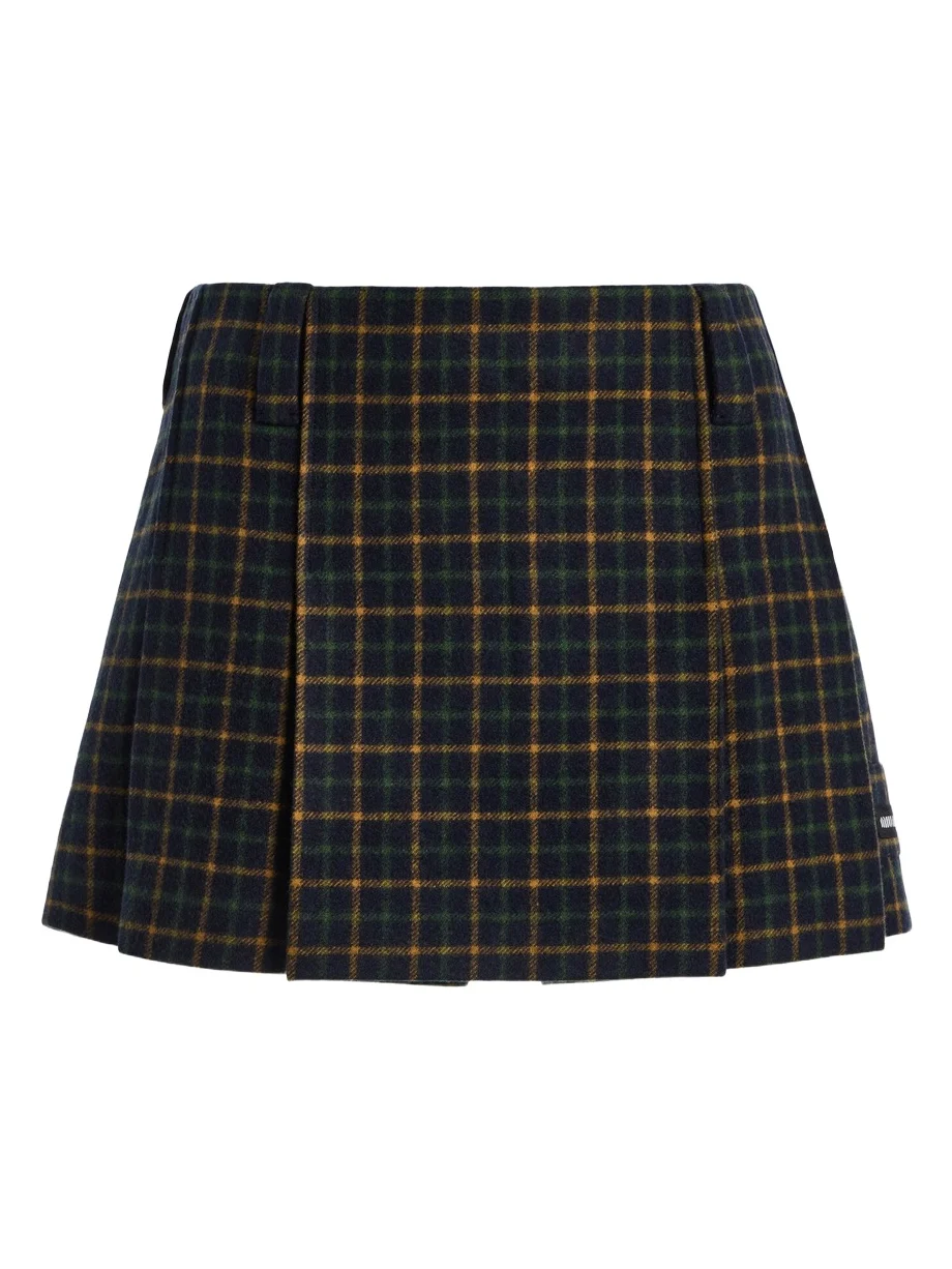 Miu Miu Pleated Checked Wool Mini Skirt