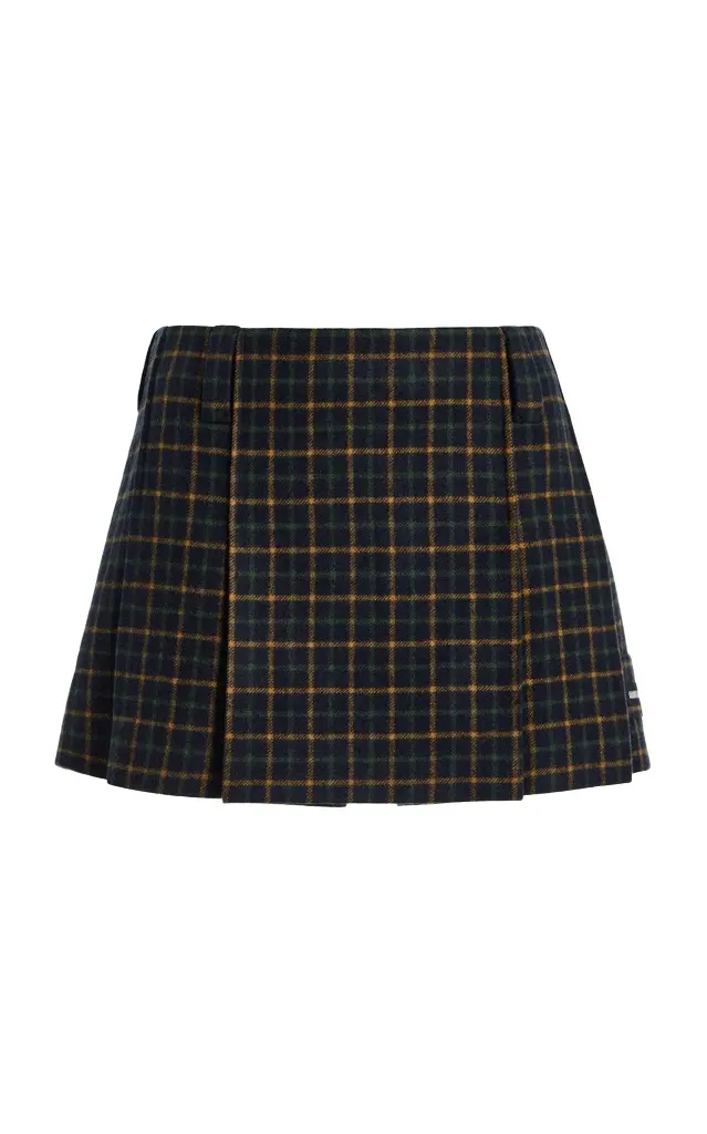 Pleated Checked Wool Mini Skirt