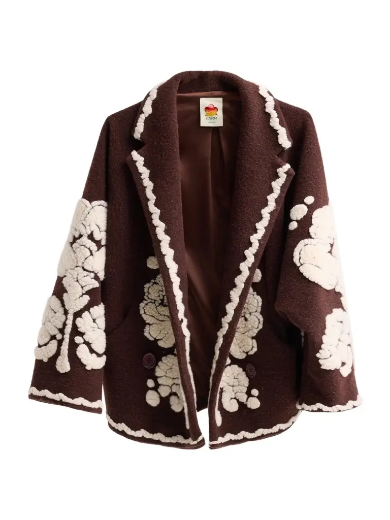 Farm Rio Women's Floral-Embroidered Fleece Coat