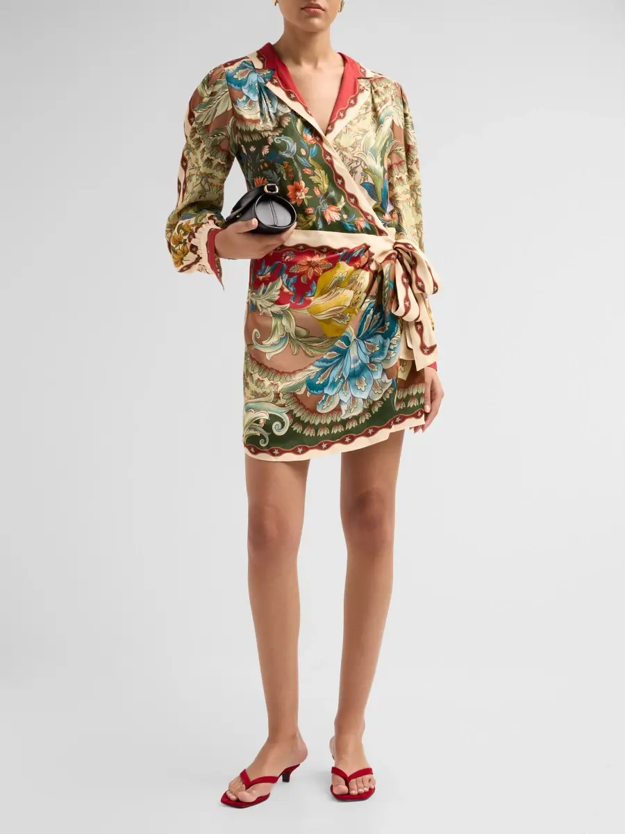 Farm Rio Women's Lunar Boho Floral Satin Wrap Mini Dress | Thumbnail 2 Farm Rio Women's Lunar Boho Floral Satin Wrap Mini Dress | Thumbnail 2