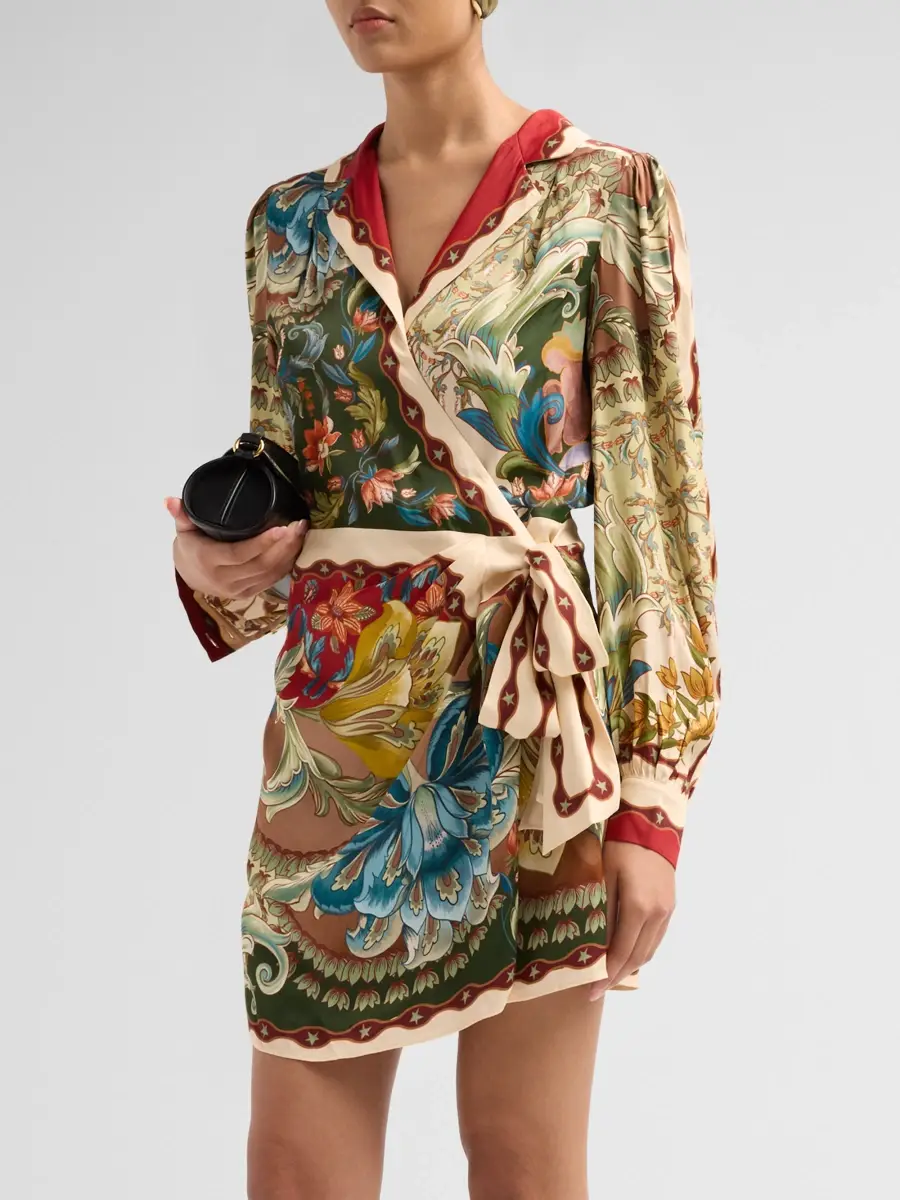 Farm Rio Women's Lunar Boho Floral Satin Wrap Mini Dress | Thumbnail 4 Farm Rio Women's Lunar Boho Floral Satin Wrap Mini Dress | Thumbnail 4