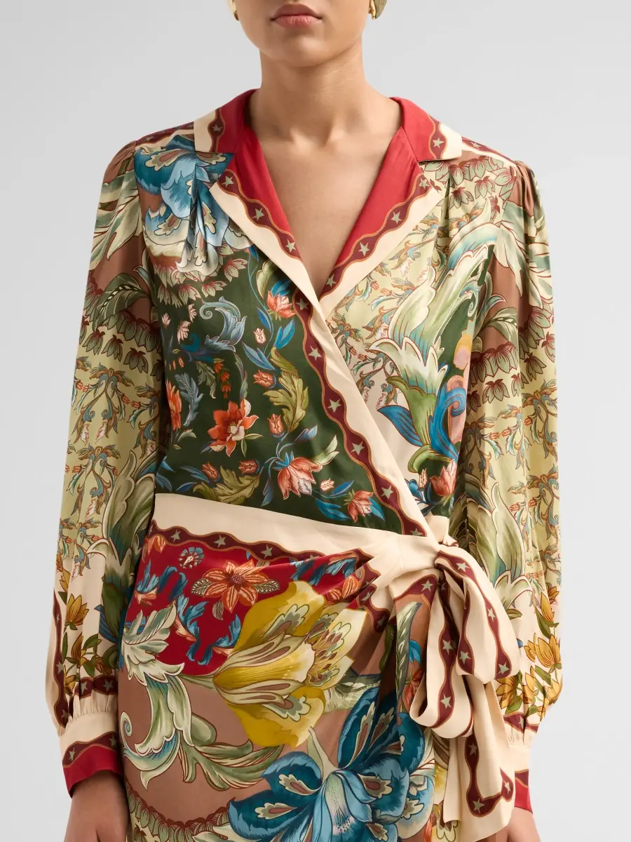 Farm Rio Women's Lunar Boho Floral Satin Wrap Mini Dress | Thumbnail 5 Farm Rio Women's Lunar Boho Floral Satin Wrap Mini Dress | Thumbnail 5