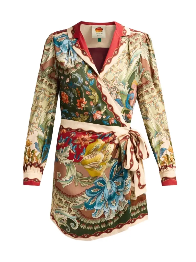 Farm Rio Women's Lunar Boho Floral Satin Wrap Mini Dress