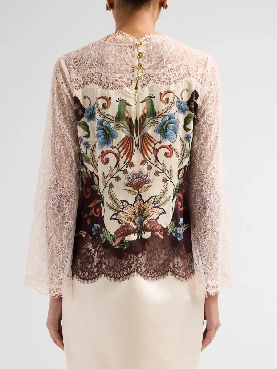 Farm Rio Women's Millena Botanical Print Satin-Lace Blouse | Thumbnail 3 Farm Rio Women's Millena Botanical Print Satin-Lace Blouse | Thumbnail 3