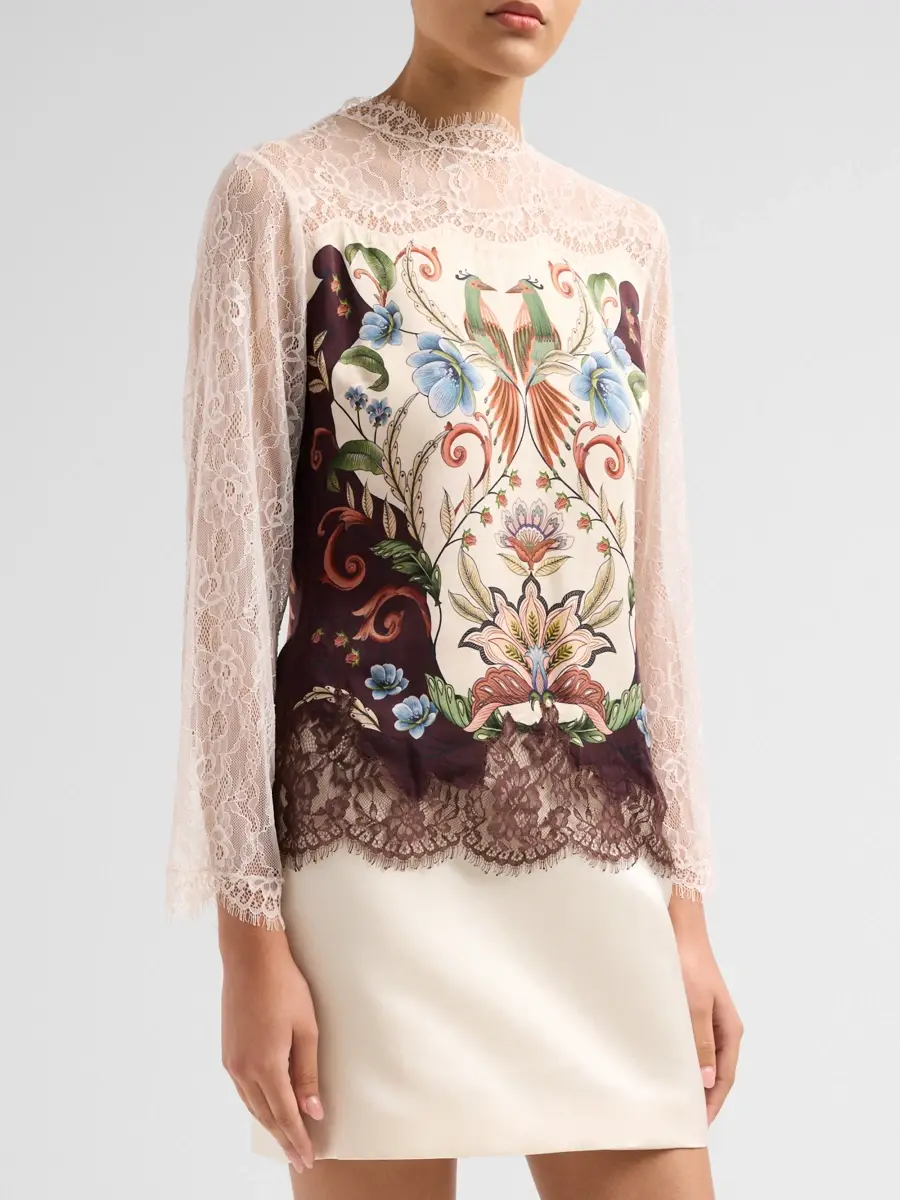 Farm Rio Women's Millena Botanical Print Satin-Lace Blouse | Thumbnail 4 Farm Rio Women's Millena Botanical Print Satin-Lace Blouse | Thumbnail 4